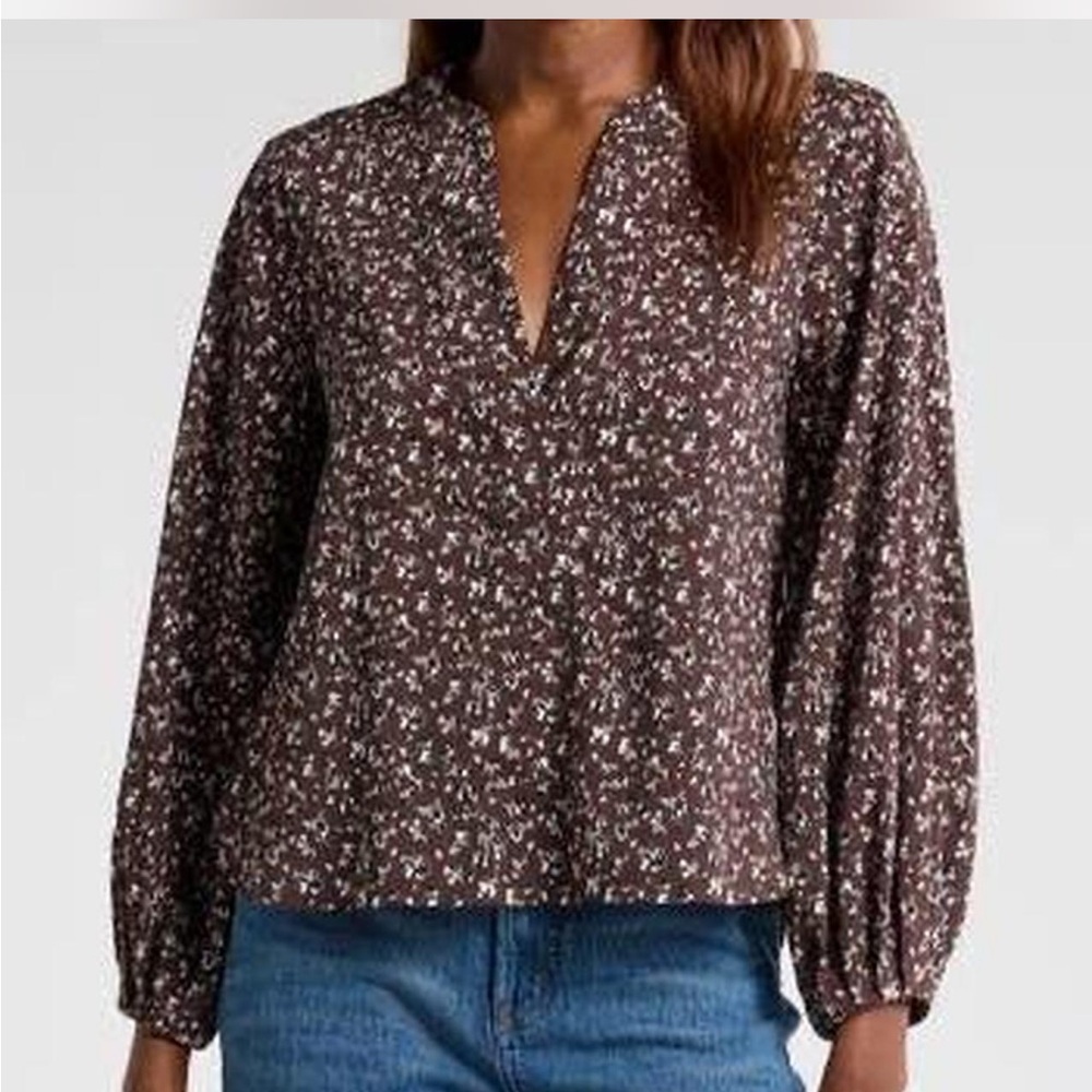 Madewell Brown Floral Split-Neck Peasant Blouse